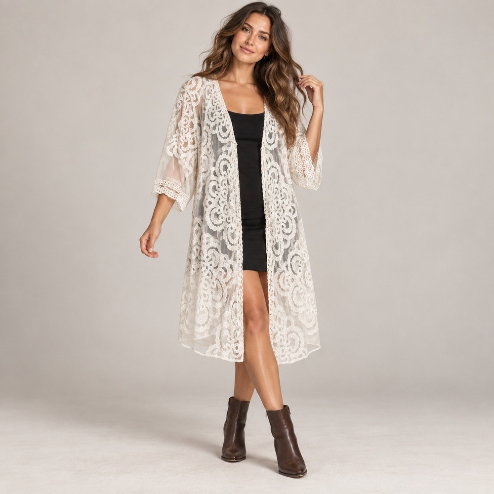 Veveret Ivory Floral Lace Kimono Duster Sheer Boho Bridal Swim Cover Up M/L